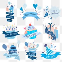 Party sticker png, cute birthday illustrations set