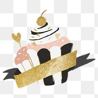 Bityhday cake png sticker, ribbon banner