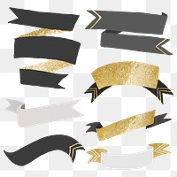 Ribbon banner PNG, aesthetic gold and gray sticker set