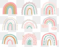 Rainbow PNG sticker in cute doodle style set