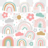 Rainbow PNG sticker in cute doodle style set