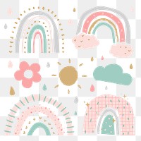 Rainbow PNG sticker in cute doodle style set