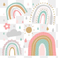 Rainbow PNG sticker in cute doodle style set