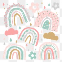 Rainbow PNG sticker in cute doodle style set