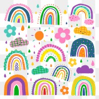 Rainbow PNG sticker in funky doodle style set