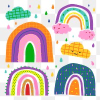 Rainbow PNG sticker in funky doodle style set