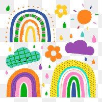 Rainbow PNG sticker in funky doodle style set