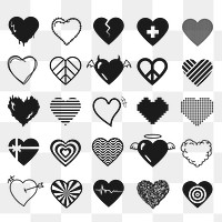 Black heart PNG sticker icon set