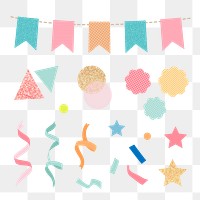 Birthday celebration png sticker, colorful glitter confetti and ribbons clipart set