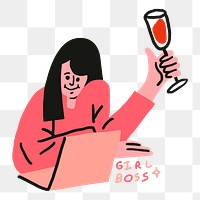 Girl boss png sticker, woman character virtual celebration with a glass of wine