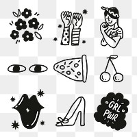 Woman empowerment png sticker pack in minimal black and white line art 