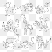 Animal png sticker, kids coloring set, printable transparent design for children's art project