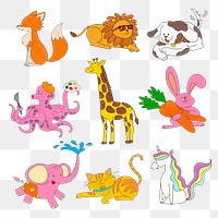 Cute animal sticker png transparent, colorful clipart for kids set