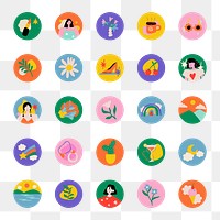 Instagram highlight icon png, lifestyle illustration in colorful retro design set