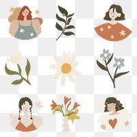 Feminine doodle sticker png transparent, cute earthy illustration collection