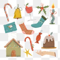 Christmas sticker png, cute winter doodle illustration set