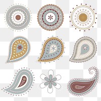 Paisley mandala png sticker, Indian traditional illustration in simple design set