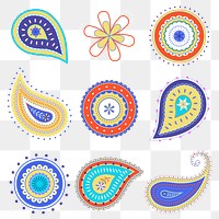 Paisley mandala png sticker, Indian traditional colorful illustration set