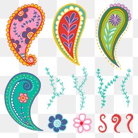 Paisley floral png sticker, Indian traditional illustration in colorful set