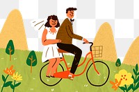 Wedding celebration png doodle illustration, bride and groom riding a bicycle on transparent background