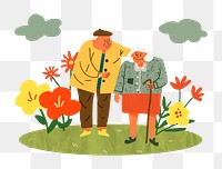 Cute senior couple png walking in garden, character illustration in retro design on transparent background