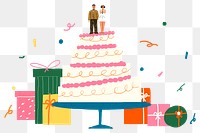 Wedding cake png doodle illustration, bride and groom, celebration transparent background
