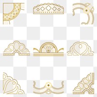 Elegant lace corner png border, classic gold fabric, transparent design set