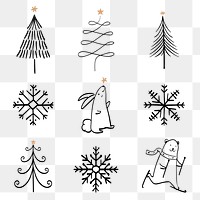 Christmas doodle png sticker, cute tree and animal illustration in black set