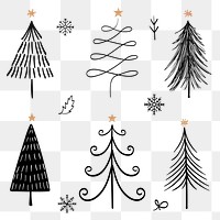 Christmas doodle png sticker, cute tree and animal illustration in black set