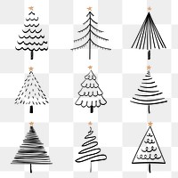 Christmas doodle png sticker, cute tree and animal illustration in black set