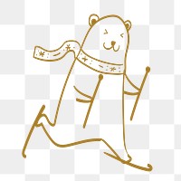 Polar bear sticker png transparent, cute snowboarding animal Christmas doodle in gold