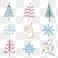 Christmas doodle png sticker, cute tree and animal illustration in red and green collection