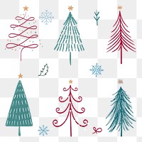 Christmas doodle png sticker, cute tree and animal illustration in red and green collection