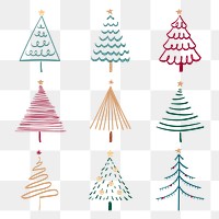 Christmas doodle png sticker, cute tree and animal illustration in red and green collection