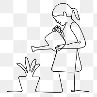 Relaxation png line art, person planting tree, simple drawing illustration