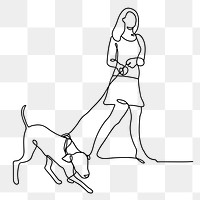 Walking dog png line drawing, black hand drawn person illustration, minimal daily life activity graphic