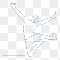 Jumping png line drawing, blue hand drawn person illustration, travel graphic