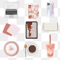 Beauty blogger essentials png sticker, pink feminine illustration set