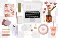 Beauty blogger essentials png sticker, pink feminine illustration set