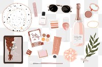 Beauty blogger essentials png sticker, pink feminine illustration set