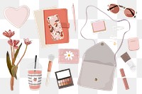 Feminine aesthetic clipart png, pink essentials illustration set