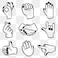 Cute png hand gestures doodle, line drawing clip art set