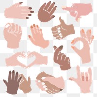 Hand gestures png stickers, diverse skin tone people set