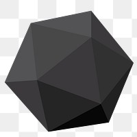 Black icosahedron png shape, 3D rendering geometric element on transparent background