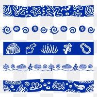 Underwater coral png border, blue marine life clipart set