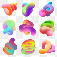 Abstract 3D png fluid shape, colorful twisted gradient set on transparent background