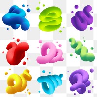 Abstract 3D png fluid shape, colorful twisted set on transparent background