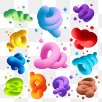 Abstract 3D png fluid shape, colorful twisted set on transparent background