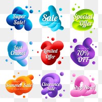 Abstract sale png badge, 3D fluid shape, transparent shopping clipart set