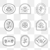 Flower png collage element, modern black badge design, simple illustration set